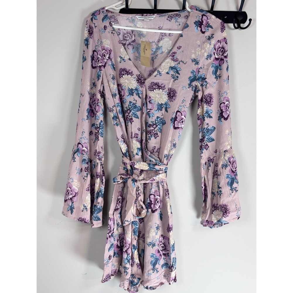 American Eagle Floral Bell Sleeve Romper Mauve Pink Boho Tie Waist Small NWT
